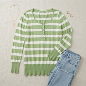 American Retro Liz Sweater Women Large Olive Green Striped Silk Blend Henley Top